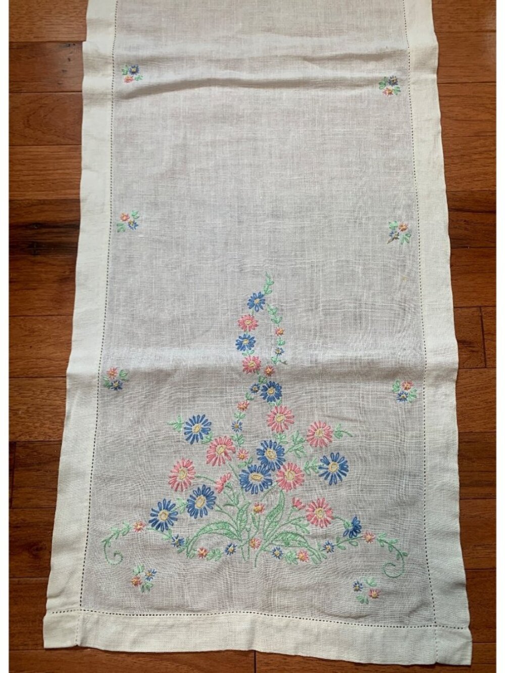Floral Embroidered Linen Table Runner - 41" x 14.5" - Charming Handcrafted Decor